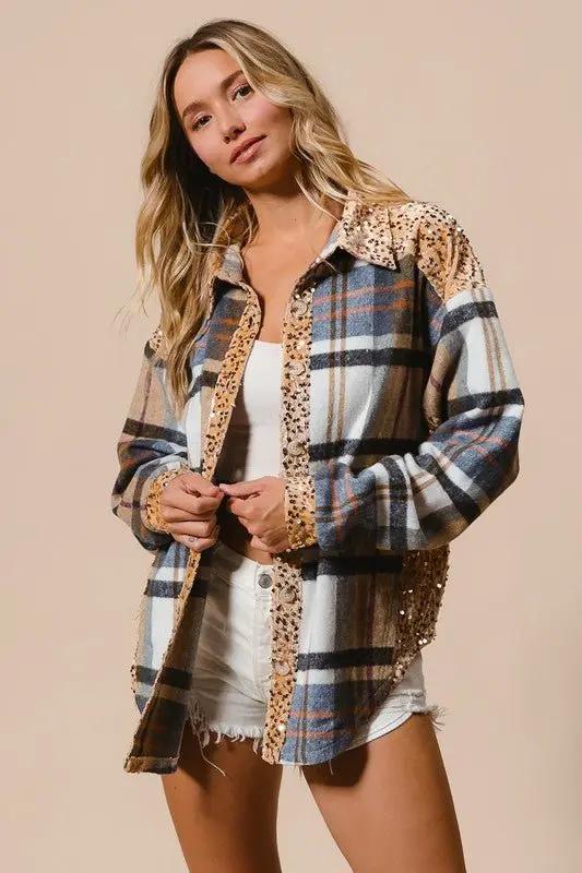 BiBi Curved Hem Sequin Plaid Button Up Shacket for Women - Love Salve